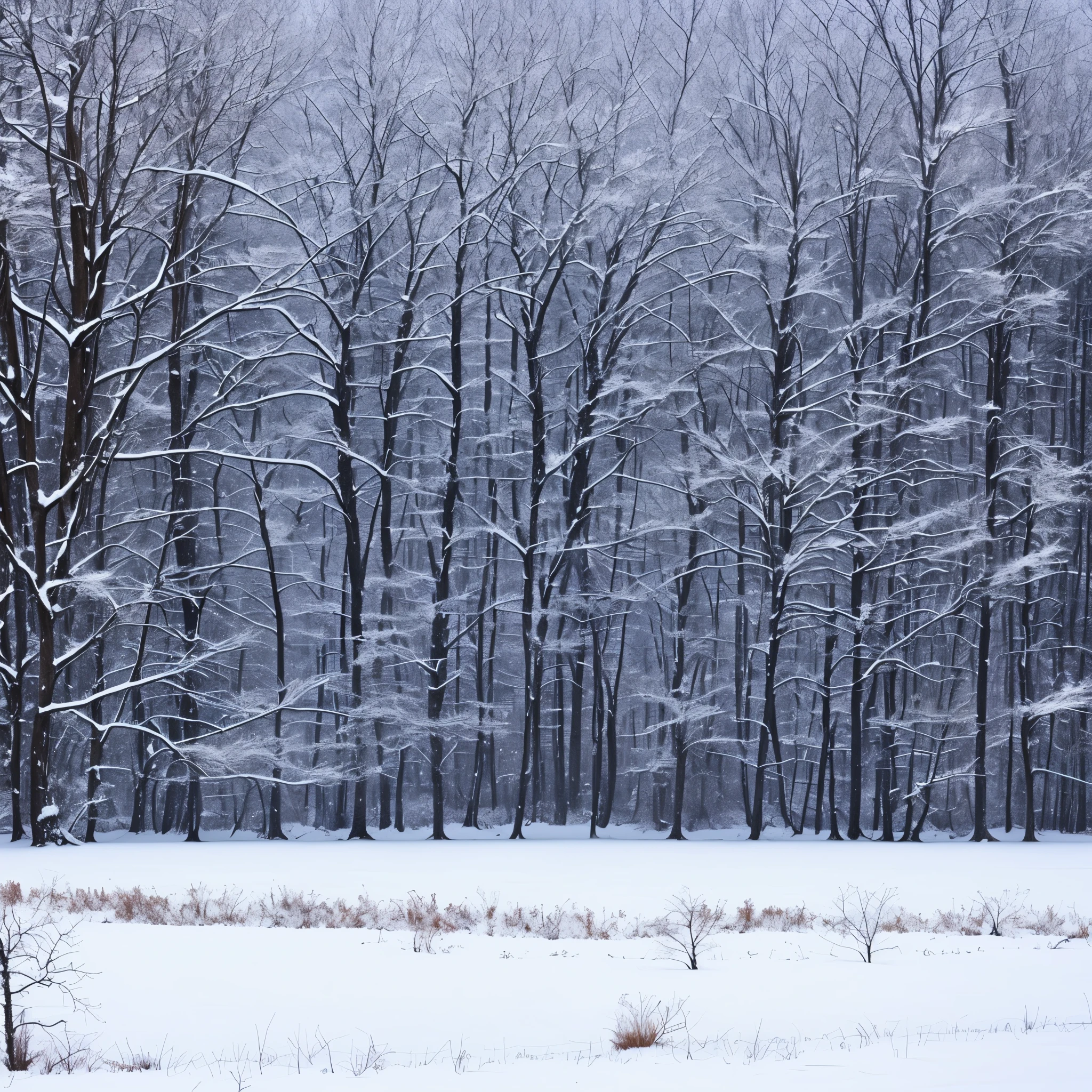 Northern New York field during winter. Snow falling.

