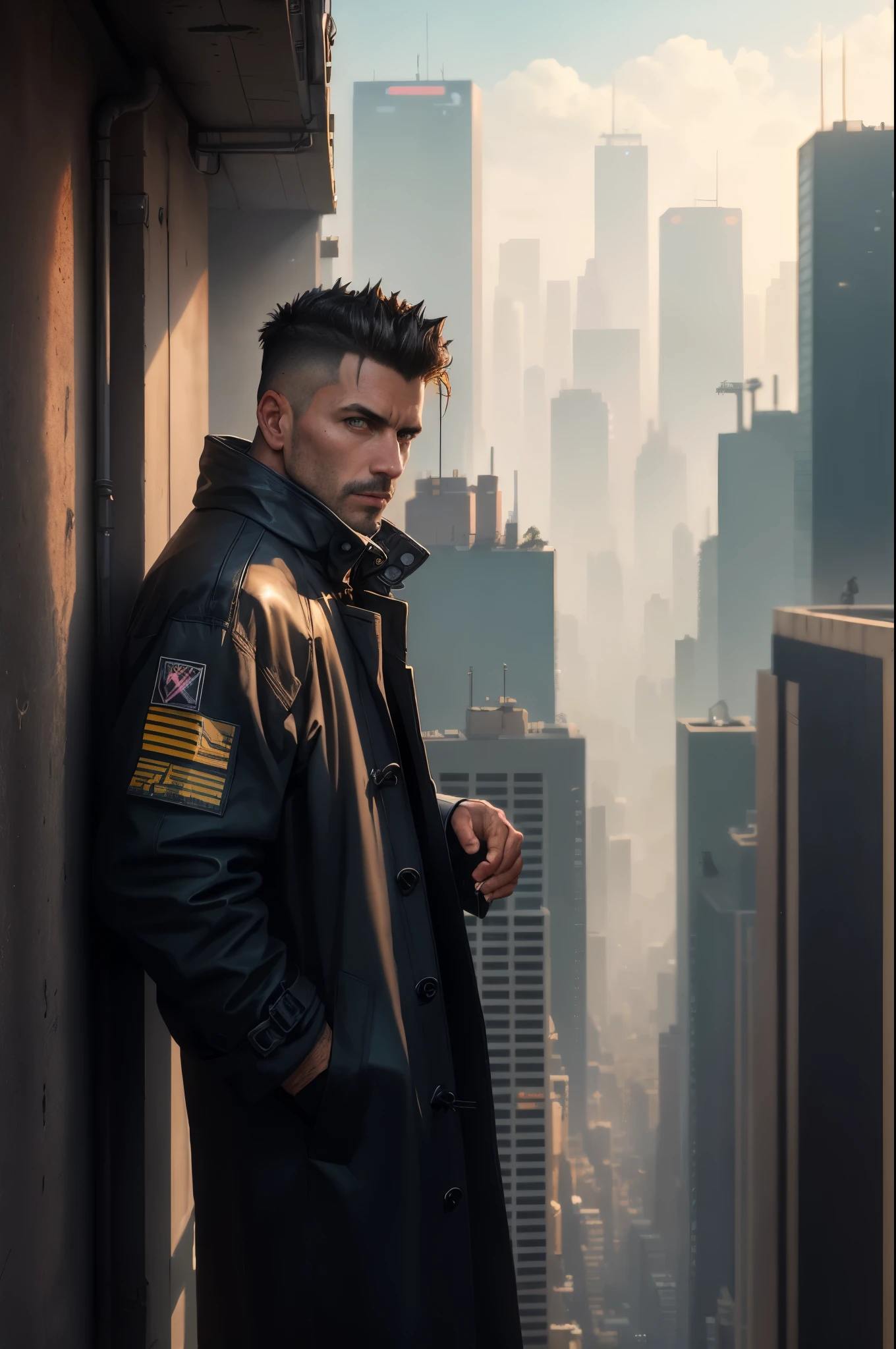 A man, 45 years old, brown eyes, black hair, shaved on the sides, combed back, unshaven, wearing a dark trench coat with the collars turned up. Hands in his pockets, He is leaning against the parapet of a building, observing from above the skyline, the night of the cyberpunk city below in the background. Background futuristic cyberpunk make it realistic, Blade Runner, 8k, ultra hd