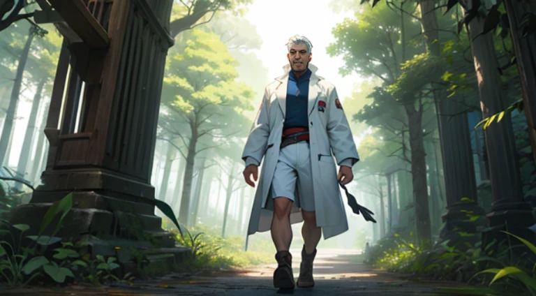 scientist,male,white clothes,Plants grow from the body,legs are like trees,partially fused with wood,bad guy