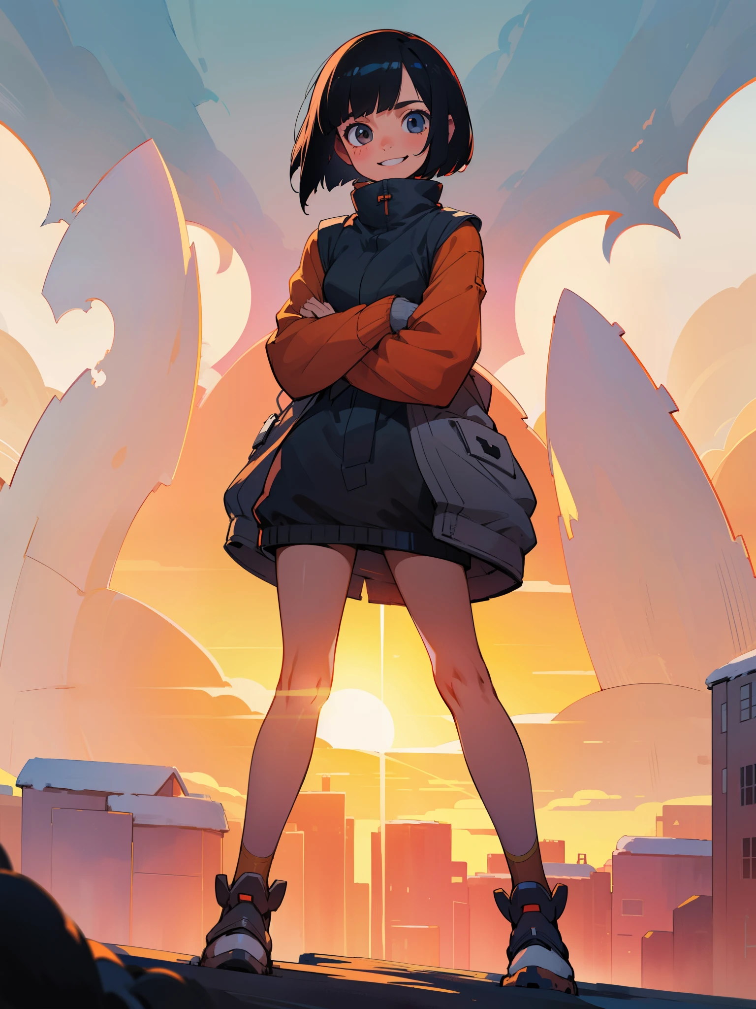 A woman with short black bob hair stands with her arms crossed and looks at me with a smile.、Winter clothes、sunset、Backlight、group of buildings、thin thighs、legs open