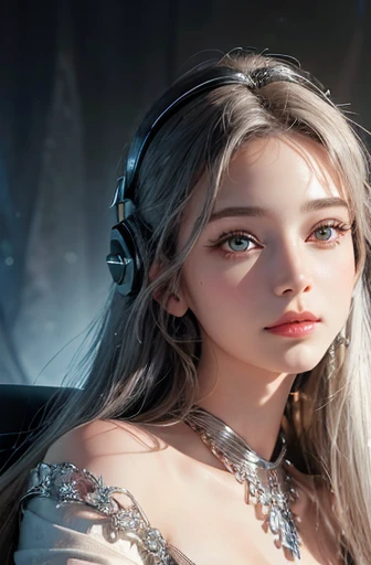 Woman seated in front of a big silver screen computer, her medium long silver hair cascading down her shoulders. A smile plays on her lips as she wears cool, sleek black Parker Oversize headphones, enhancing the intricately detailed golden hues of her beautiful and delicate eyes. The highest quality, ultra-detailed image reveals every curve and line of her elegant features. (Masterpiece: 1.4), (Top-quality: 1.4), (Realistic: 1.7), Laughter echoes through the room as her refined gaze remains fixed on the monitor. (Beautiful: 1.3), ((1woman: 1.4)), (Exquisite