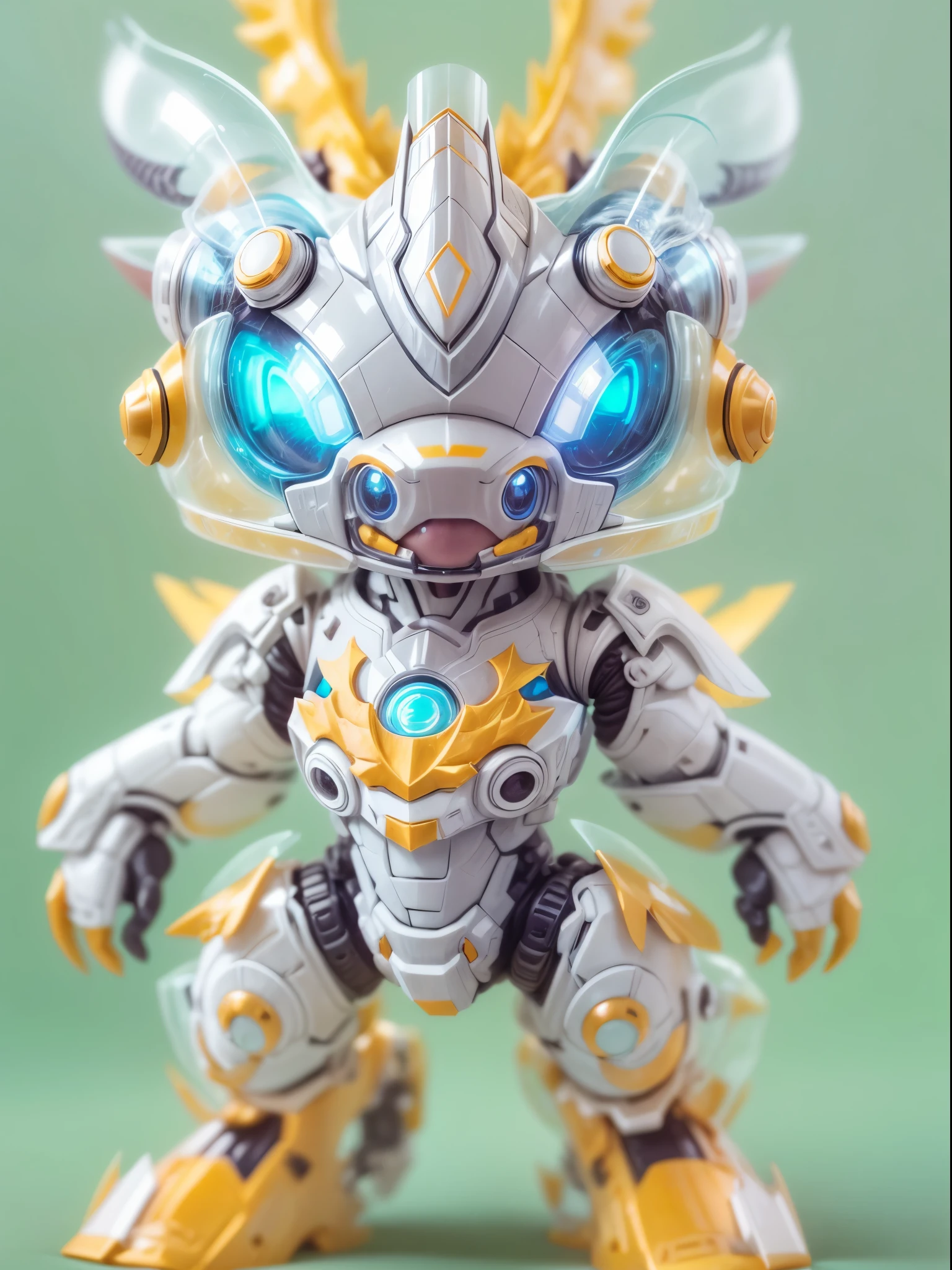 (blind box toy style:1.2), (Full Body Shot) ,  1 Transparent cute Chinese Dragon, Transparent mecha, Exquisite Helmet:1.2, glowing goggles:1.2, Cyberpunk, Dreamy Glow, Luminous neon lamp, clean, white background, ( Global illumination, raytracing, HDR, unreal render,reasonable design, high detailed, masterpiece, best quality, UHD, Cinematic Lighting)