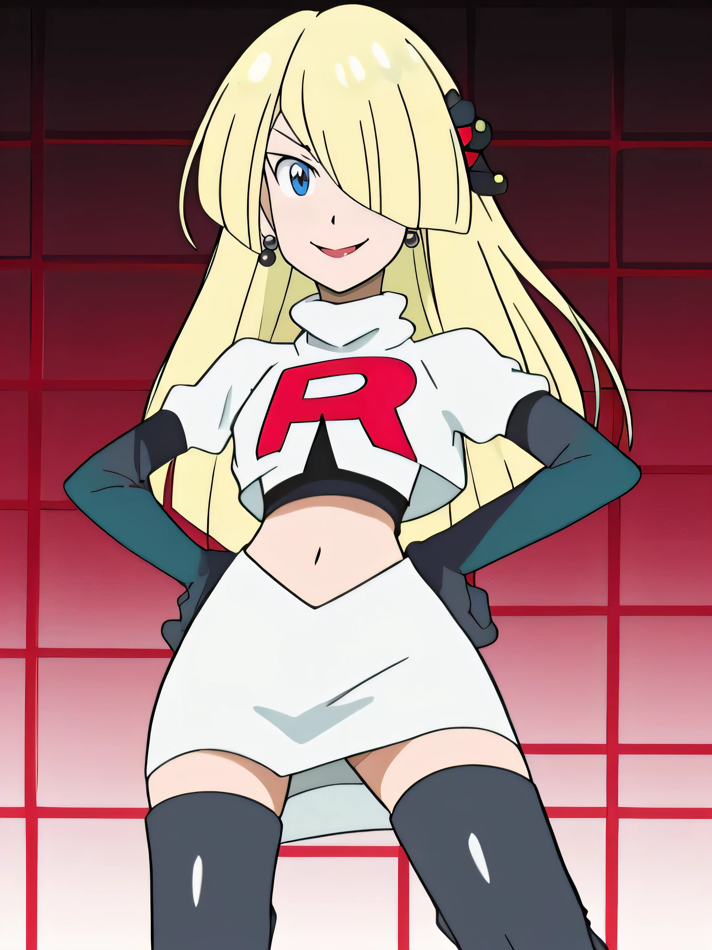 cynthia (pokemon), 1girl, solo ,blonde hair, blue eyes ,hair covering one eye, hair ornament ,glossy lips, earings ,team rocket uniform, red letter R, white skirt,white crop top,black thigh-high boots, black elbow gloves, closed mouth, evil smile, team rocket uniform, red letter r, white skirt,white crop top,black thigh-high boots, black elbow gloves, evil smile, looking at viewer, hands on hips
