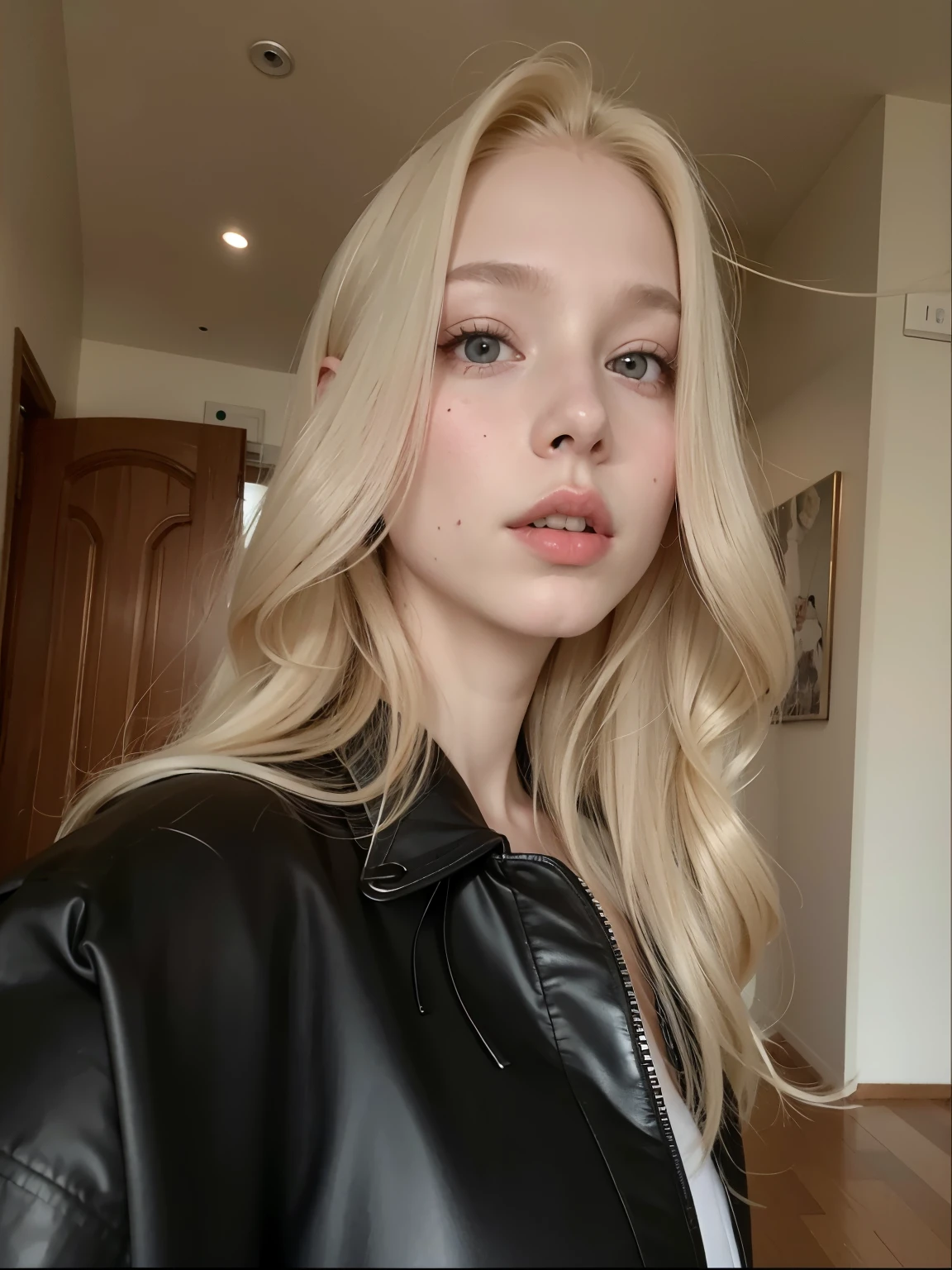 Mujer rubia con pelo largo con una chaqueta de cuero negro, very very pale blonde hair, con pale skin, pale skin cabello rubio rizado, extremely pale blonde hair, pale skin y brillante, pale skin y clara!!, con pelo largo y rubio, pale skin marfil, pelo largo y rubio y ojos grandes, una chica con cabello rubio, anna nikonova aka new milkmaid, pale skin, suave e impecable