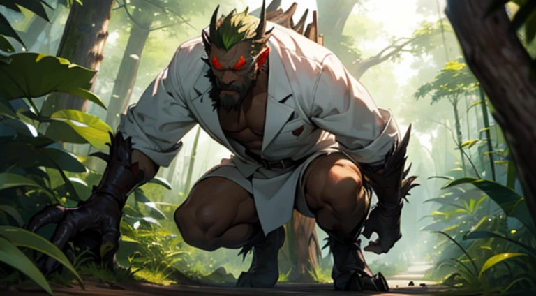 scientist,male,white clothes,Plants grow from the body,legs are like trees,partially fused with wood,bad guy,monster