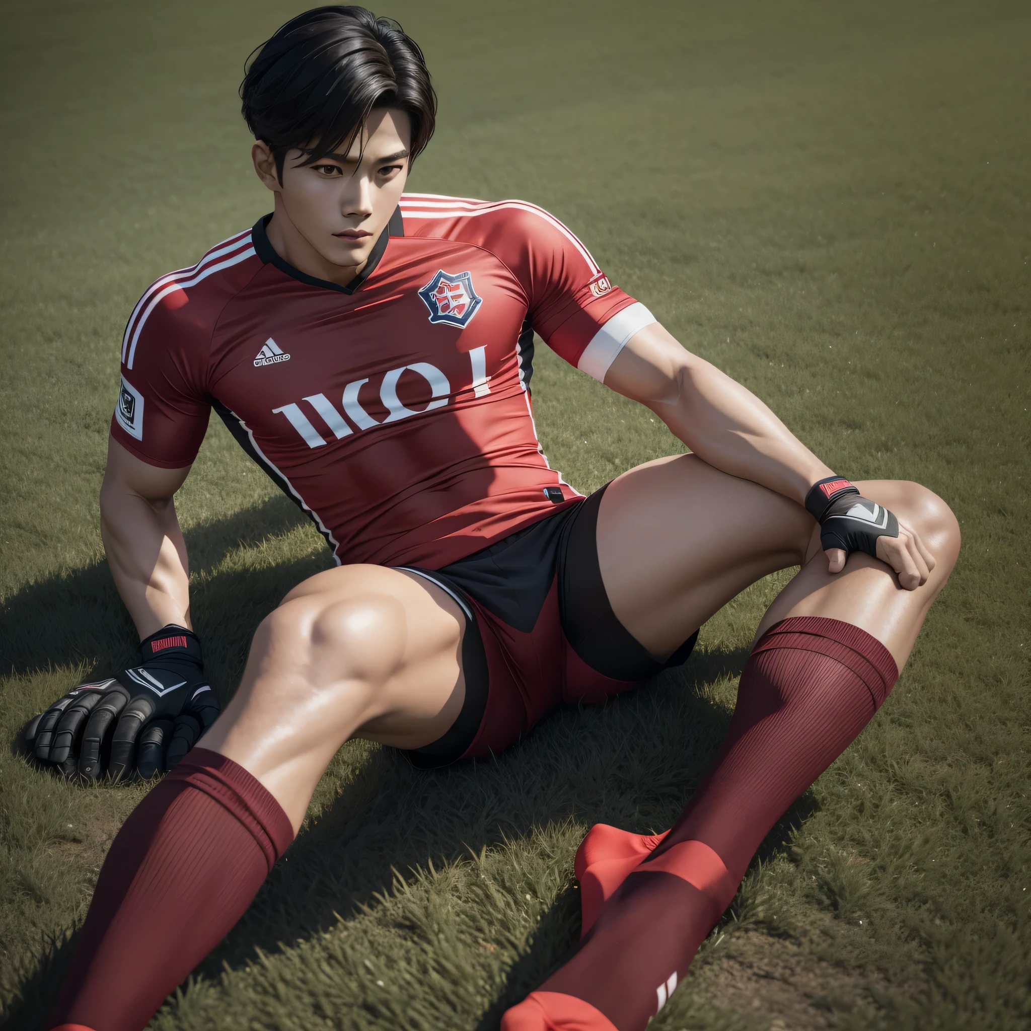 a male muscular, goalkeeper gloves, kpop idol, korean light red & black compression korea soccer kit uniform, 4k, detailed, laid and sat on the grass, with one leg up showing up the barefoot to camera, red knee length sock, in photorealism style, high quality