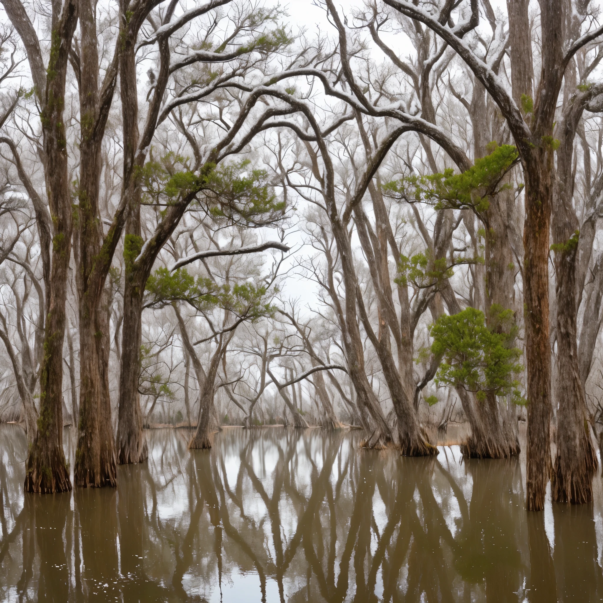 Snowy day in the cypress swamps of Louisana.