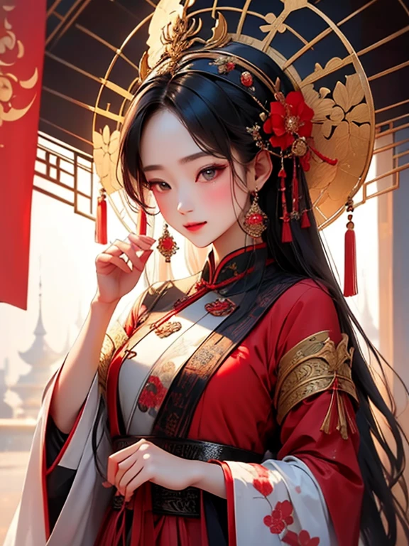 Close-up of a girl wearing a red and black dress，palace，A girl in Hanfu，antique flavor，antique flavor风格的艺术品，Beautiful calligraphy and painting，antique flavor杰作，chinese princess，Gorgeous headdress，beautiful face，beautiful fantasy queen，Chinese style，traditional beauty，Chinese traditions，Queen of China，（（beautiful fantasy queen））