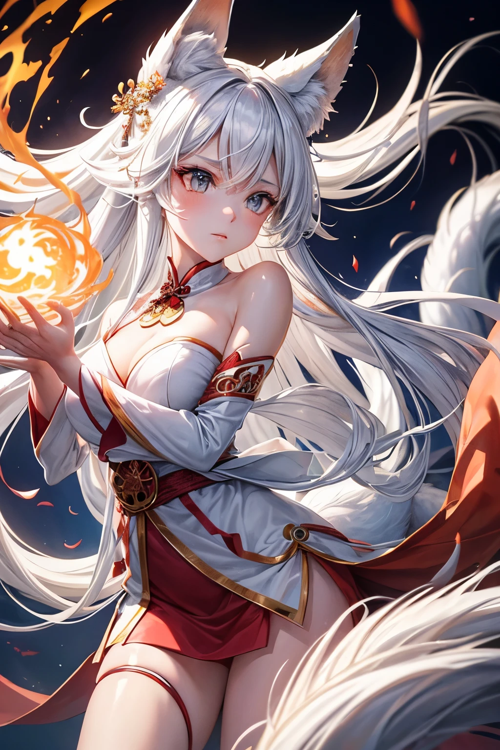 Generate an image of a graceful girl in pristine white Chinese attire, delicately cradling a formidable nine-tailed fox. The fox's eyes blaze with intense red light, and its fierce expression is accentuated by its loud roar. Dramatically, the nine tails of the fox serve as a commanding backdrop to the tranquil scene.

Optimizing the composition, the serene countenance of the girl contrasts sharply with the fierce demeanor of the nine-tailed fox. By skillfully merging traditional and fantastical elements, this visually striking portrayal highlights the cultural elegance of the girl and the