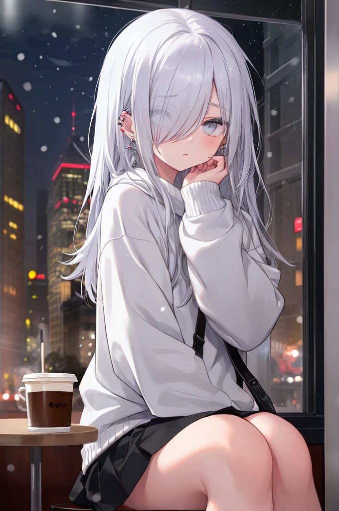 ((masterpiece:1.4, best quality:1.2)), 1girl, solo focus, beautiful skin, blush, white sweatshirt, long white hair, grey eyes, sitting, earrings, Hands on face, piercing, coffee shop window, night, snowing, cityscape, tall female, beautiful and delicate female, comfy ambience, {correct posing}, {detailed background}, Not wearing a skirt, hair over one eye, shy,