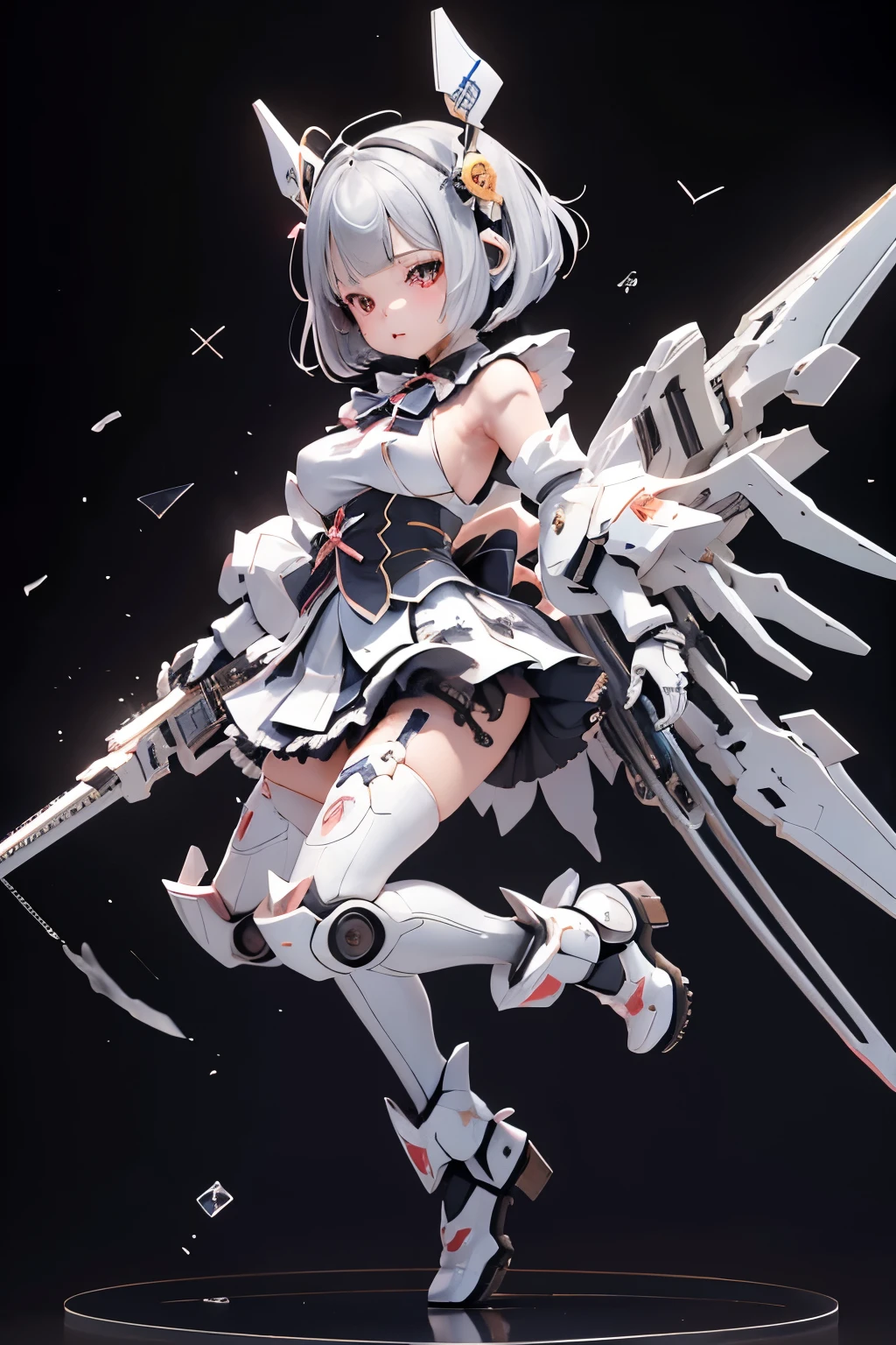 (highest quality)), ((masterpiece)), (very detailed: 1.3), 3D, {(young girl)}, wear gothic lolita clothes with white frills, (She is fused with futuristic Gundam mecha), with headgear, with v-fin , armored shoulders,armored under arms, armored under legs, multilayer textureperfect proportions, octane rendering, duotone lighting, Low ISO, wide aperture, White balance, Rule of thirds, ultra HD16k, HDR (High Dynamic Range), Ray Tracing, NVIDIA RTX, Super Resolution, Subsurface Scattering, PBR Texturing, Post Processing, Anisotropic Filtering, Depth of Field, Maximum Clarity and Clarity, High efficiency subpixel, subpixel convolution, particles of light, light scattered, Tyndall effect, full body:1.5, battle pose, cute, (cute:1.2), (bob cut:1.3),三つ編み, 黒髪, 太い眉毛, 薄い色の虹彩, 大きくて輝いている黒い瞳, 長いまつげ, 小さく薄い色の自然な唇, (Average face of Japanese idols), (日本人特有の童顔:1.3), (baby face), 広いおでこ:1.2, ふっくらした頬, 小さな顎, visible side boob, (holding a huge weapon:1.5), in the hangar,looking at viewer,Focus on the eyes , (完璧な4本の指, 親指1本),