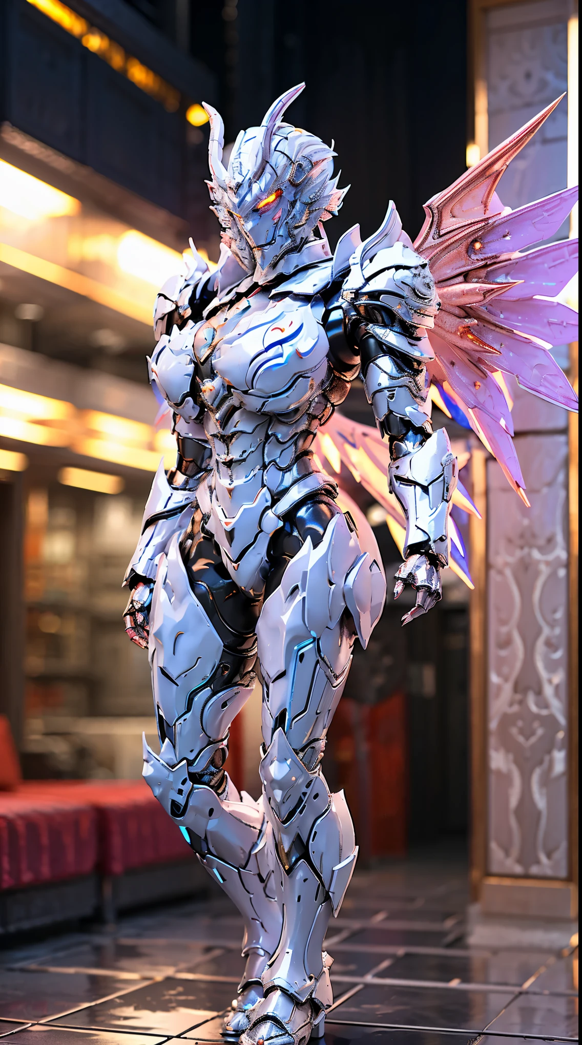 SILVER DRAGON GOD, HUGE , BATTLE ARMOR SUIT, CLEAVAGE, (A PAIR OF HUGE DRAGON WINGS:1.2), TRANSPARANT, TALL LEGS, STANDING, SEXY BODY, MUSCLE ABS.