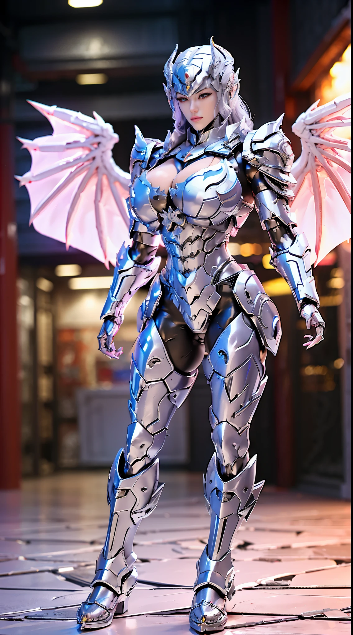 SILVER DRAGON GOD, HUGE , BATTLE ARMOR SUIT, CLEAVAGE, (A PAIR OF HUGE DRAGON WINGS:1.2), TRANSPARANT, TALL LEGS, STANDING, SEXY BODY, MUSCLE ABS.