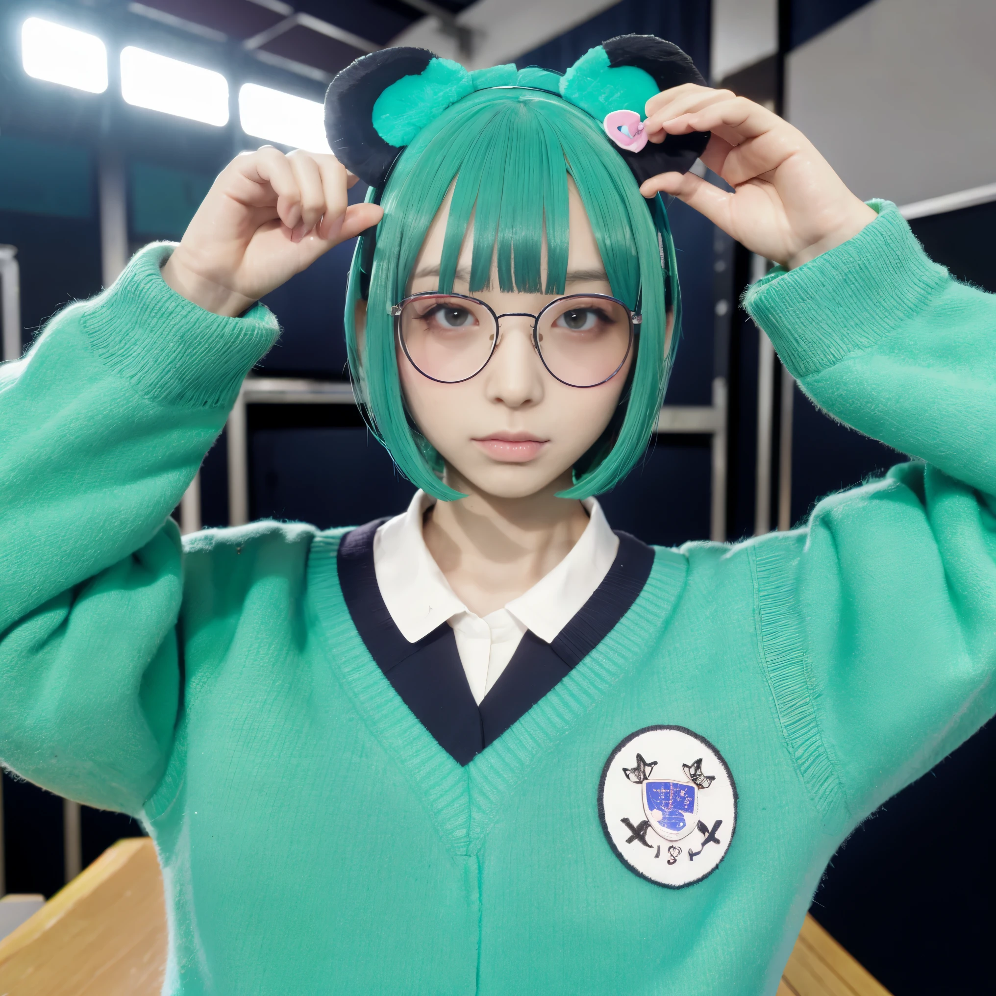 Anime girl, bear ears, wearing a school uniform, short turquoise hair, wearing round glasses, 