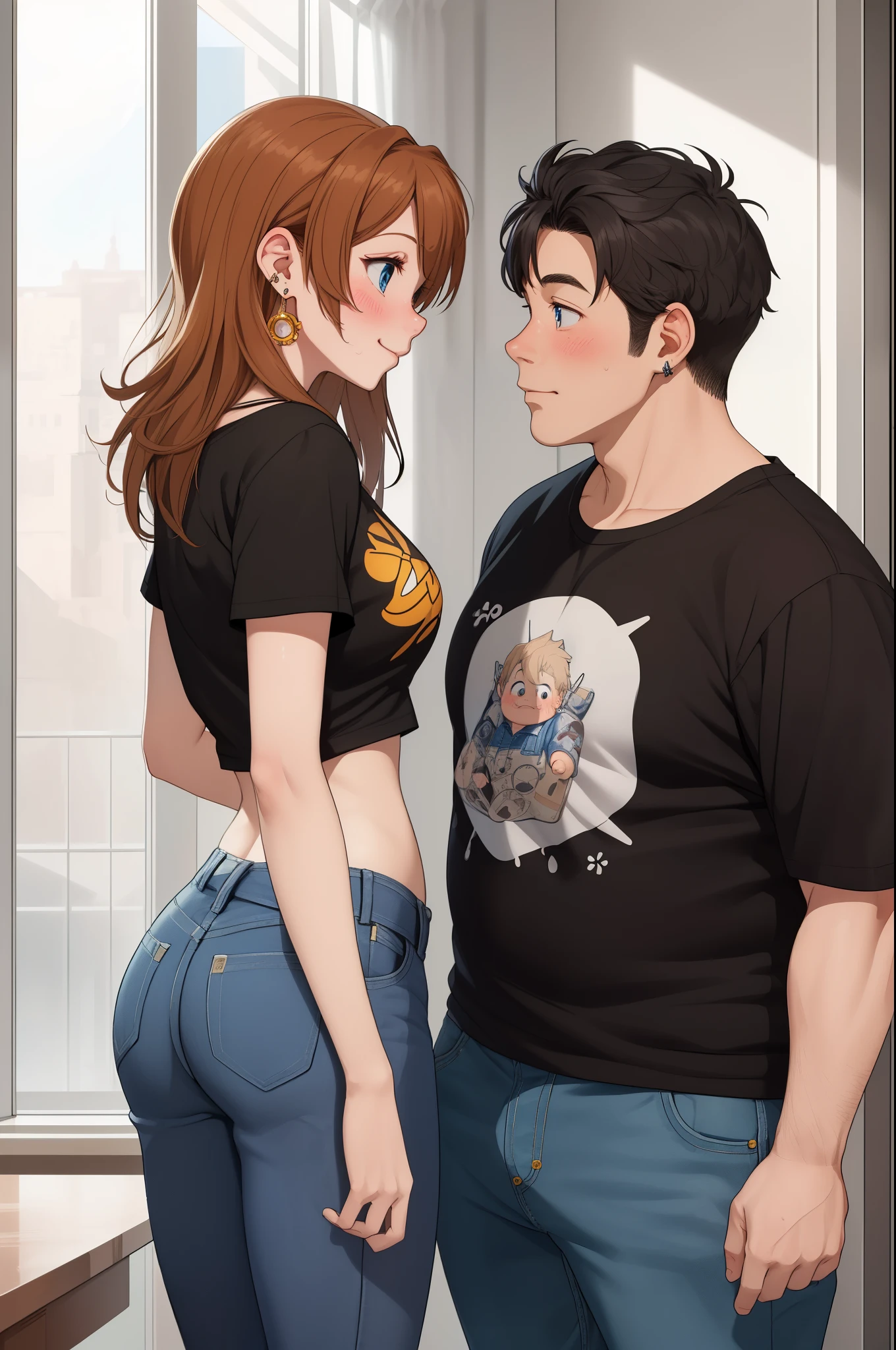 (Masterpiece, Best Quality, High Quality), professional artwork, well drawn, Intricate Details,(((a big boy and a girl looking at each other))),Kousaka honoka, room, ultra detail hair, ultra detail face, perfect eyes, earring, blushing, embarrassed, t-shirt, midriff, denim pants