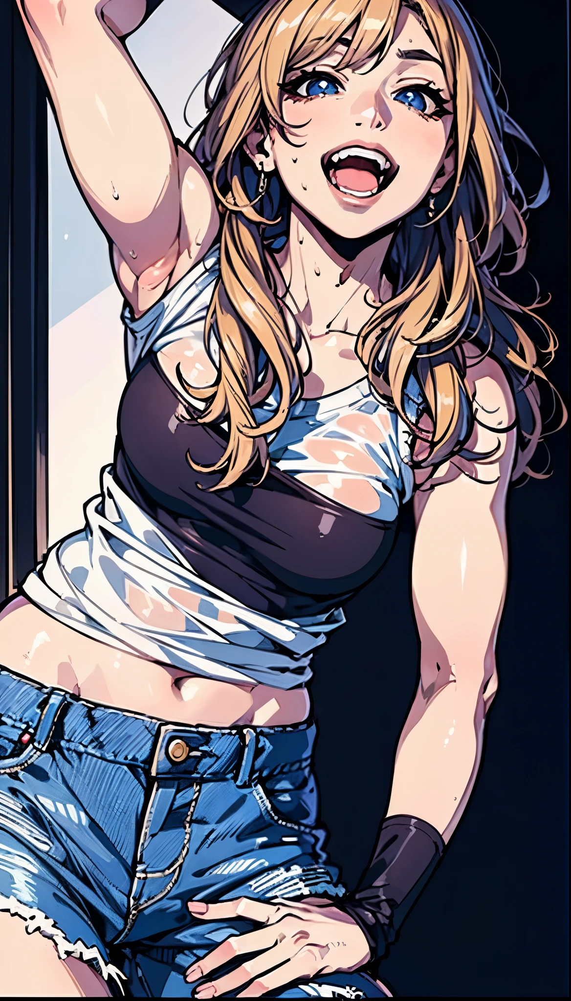 (table top), sexy、Natural light, realistic diffused glow, professional lighting、Big eyes、eyes are blue、blonde、Russia、Live venue、big smile、a little scream、white tank top、jeans、Wristband on left hand、