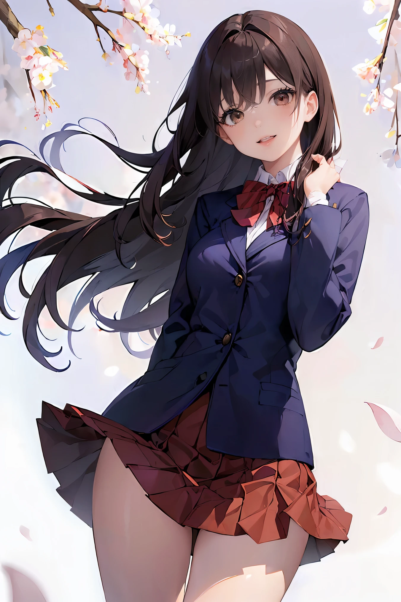 (masterpiece, highest quality, Highest image quality、High resolution:1.4),8K, anime style、Morning route to school、cherry blossom in full bloom、SakuraFubuki、draw the whole body、perspective from below、(pure white skin:1.4),(long straight hair, bangs, Dark brown hair:1.2)、(curly hair:0.3), white hairpin,(brown eyes、round and large eyes:1.4),droopy eyes、beautiful eyelashes, (smooth texture:1.2, realistic texture:1.1, realistic:1.1, The wind is blowing), medium breasts, perfect body, (red bow tie, school uniform, navy blue jacket, open jacket, white shirt, red pleated skirt、white panties:1.2), smile, open your mouth、teeth、Skirt flips in the wind、
