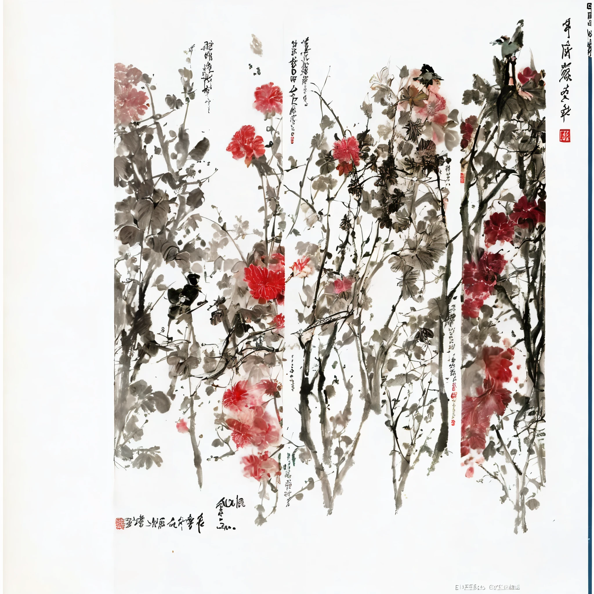 There are many different kinds of flowers and plants in this photo, inspired by Qi Baishi, Chinese brush illustration,Five trees flower and bird painting, Chinese traditional art,Chinese painting,Freehand flower and bird painting,author:Qi Baishi,author:Wu Changshuo,author:Ren Bo Nian,peony,chrysanthemums,Cockroach,plum bossom,Delicate ink painting
