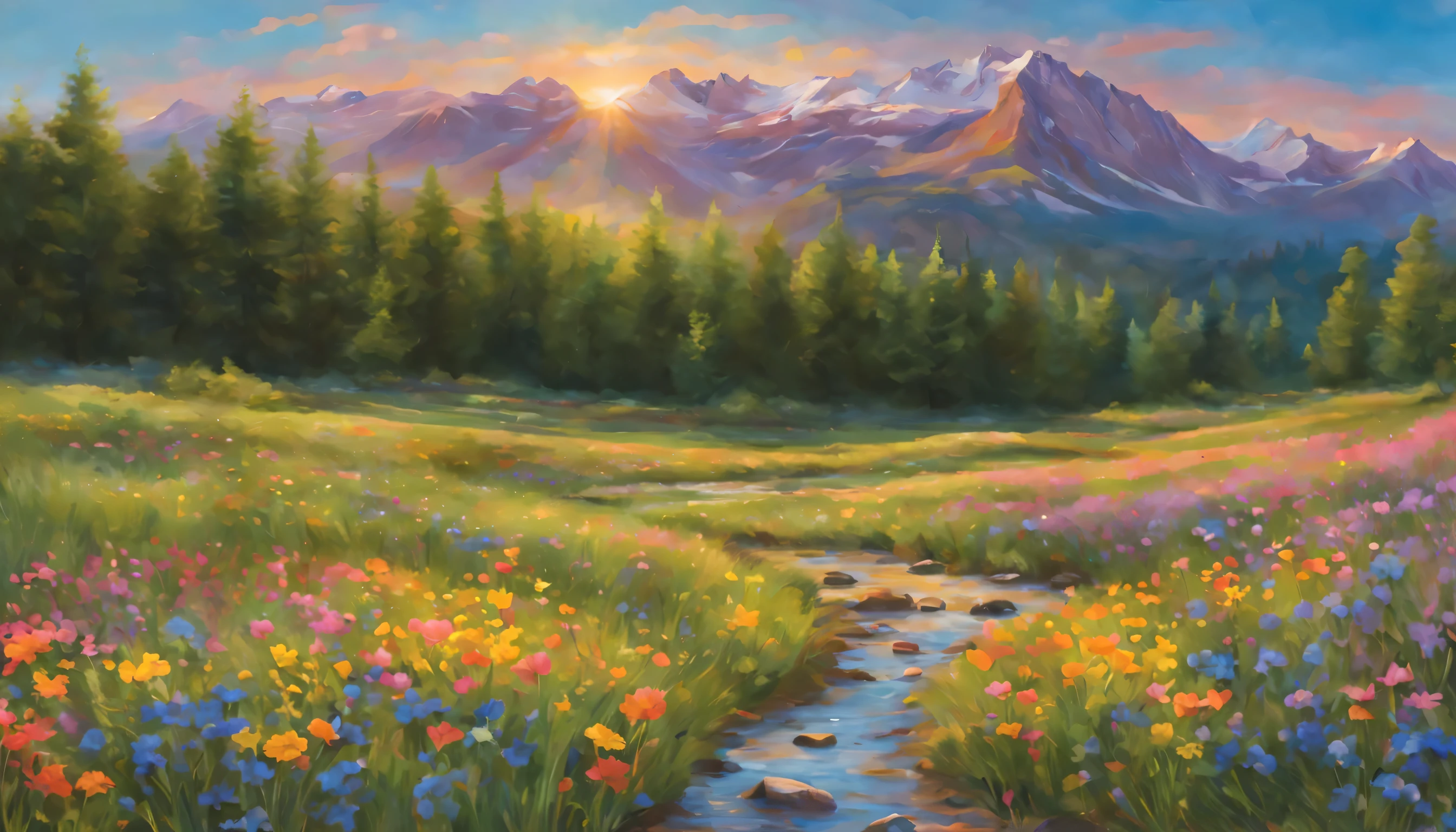 Create a serene and enchanting landscape, The eyes are first drawn to the vast grassland., Filled with the soft glow of golden sunlight. The meadow is a tapestry of vibrant wildflowers – Bruce, purple, yellow, Pink swaying in the breeze. in the background, majestic mountain々towering, Its top is、Just touching the edge of the clouds in the clear blue sky. small, A crystal clear stream meanders through the meadows, A gentle stream、nature's delicate chorus、harmonizes with the chirping of birds。, Rustling leaves, and far away, The melodic sound of bees. The air is fresh and、Filled with the sweet scent of flowers and the scent of lush earth。. In this quiet haven, It really seems like time has stopped. The whole scene exudes a peaceful atmosphere and pristine beauty。, A place where the hustle and bustle of reality feels far away. The warmth of the sun on your skin, The soft feel of the grass under my feet, The soothing sounds of nature、Creates a deeply calming and healing atmosphere。. In this landscape, feel a deep connection with nature, A feeling of being part of something bigger and more beautiful.. It's a place where the soul rests, clarity of mind, Joy of the heart in simplicity, exquisite beauty of nature. --16 pieces:9