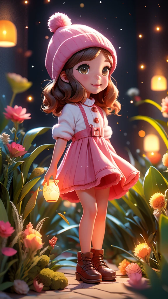 A in frok ,in beautiful valley in the night, surrounded by fireflies ,close shot of girls front face