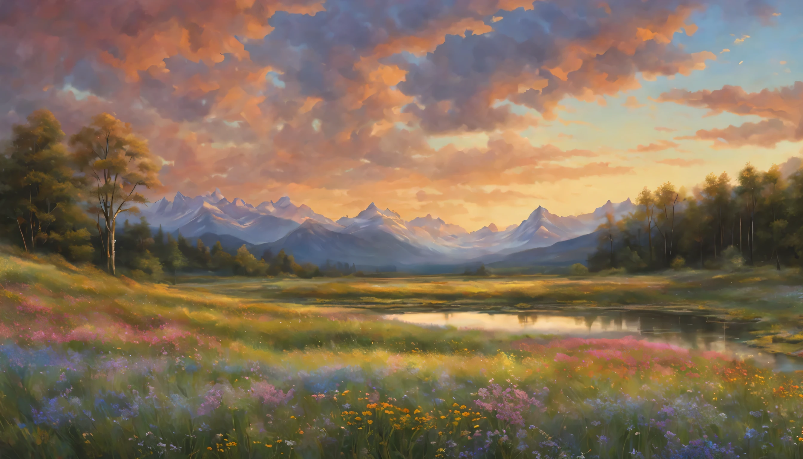 Create a serene and enchanting landscape, The eyes are first drawn to the vast grassland., Filled with the soft glow of golden sunlight. The meadow is a tapestry of vibrant wildflowers – Bruce, purple, yellow, Pink swaying in the breeze. in the background, majestic mountain々towering, Its top is、Just touching the edge of the clouds in the clear blue sky. small, A crystal clear stream meanders through the meadows, A gentle stream、nature's delicate chorus、harmonizes with the chirping of birds。, Rustling leaves, and far away, The melodic sound of bees. The air is fresh and、Filled with the sweet scent of flowers and the scent of lush earth。. In this quiet haven, It really seems like time has stopped. The whole scene exudes a peaceful atmosphere and pristine beauty。, A place where the hustle and bustle of reality feels far away. The warmth of the sun on your skin, The soft feel of the grass under my feet, The soothing sounds of nature、Creates a deeply calming and healing atmosphere。. In this landscape, feel a deep connection with nature, A feeling of being part of something bigger and more beautiful.. It's a place where the soul rests, clarity of mind, Joy of the heart in simplicity, exquisite beauty of nature. --16 pieces:9