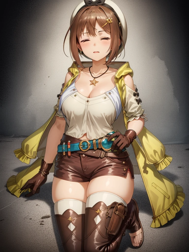 (Lie on the ground:1.2)), riser, 1 girl, ((Expressionless)), ((Fully closed eyes:1.3)), ((Killed)), alone, shorts, gloves, belt bag, have, head ribbon, jewelry, 赤いshorts, brown hair, thighs thighs thighs, short shorts, bridal legwear, necklace, brown eyes, single glove, hair ornaments, Barrette, star necklace, toeless footwear, leather, star (symbol), white hat, Brown gloves, Knee-high boots, short hair, thighs thighs thighs, leather Belt, brown belt, leather gloves, Jacket, blue belt, thigh boots, ノースリーブJacket, thigh pouch, white thighs, clavicle, 黄色のJacket, brown shoes, cleavage, huge breasts, big breasts, 