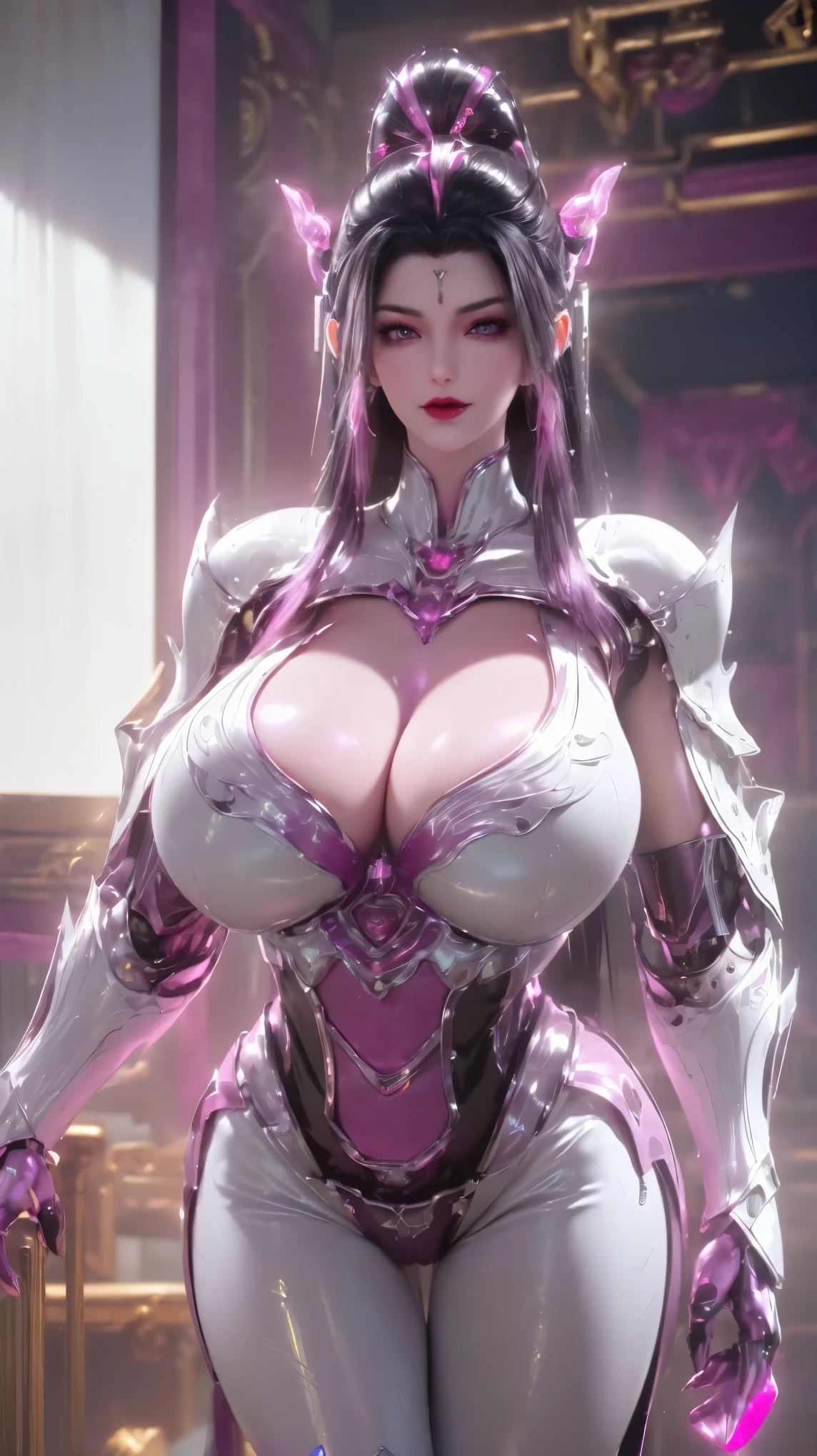 ((Nsfw:1.7,)),A BUSTY MILF, PORTRAIT,UPPER BODY,SOLO,(BEAUTY PURPLE HAIR, GOLD DRAGON HORN), (MASSIVE FAKE BOOBIES,CLEAVAGE TOP,MUSCLE ABS:1.5), (((LED MAGENTA, WHITE, BLACK) SHINY ROBOT MECHANICAL SEX OUTFIT:1.5)),(CURVY VOLUPTUOUS BODY MATURE WOMAN:1.5), (SWEATY GLOSSY BODYSKIN:1.5), (LOOKING AT VIEWER:1.5),(BACKGROUND FUTURISTIC SPACE STATION:1), (PHOTOREALSITIC:1.4), (ULTRA-DETAILLIERT), (TOP-QUALITY), (BEST SHADOWS), BRIGHT LIGHT IN ROOM, HYPER TEXTURE, (4X MSAA), ((UNREAL ENGINE 5 RENDER)), PHYSICALLY-BASED RENDERING, ULTRA HIGHT DEFINITION, 16K, 1080P.