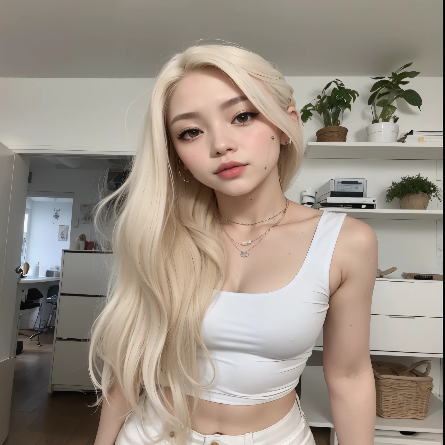 blonde haired woman con cabello largo wearing a white top and white pants, con el pelo largo y blanco, su cabello es blanco, con pelo largo y blanco, very very pale blonde hair, extremely pale blonde hair, peinado de corte hime blanco, chica perfecta de pelo blanco, con pelo largo y rubio, muchacha coreana, con cabello largo, pelo largo y blanco y flequillo, hermosa joven coreana