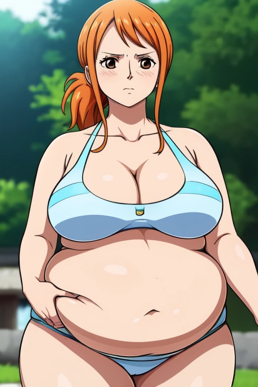 Nami from One Piece, long orange ponytail hair, beautiful brown eyes, blushing cheeks, ((big jiggly belly)), thick plump thighs, The art style should resemble a captivating anime style.

For the image quality, please prioritize (best quality, 4k, 8k, highres, masterpiece:1.2), ultra-detailed, and (realistic, photorealistic, photo-realistic:1.37) rendering. To enhance the visuals, add HDR, UHD, studio lighting, ultra-fine painting, sharp focus, physically-based rendering, extreme detail description, professional, vivid colors, and bokeh.
