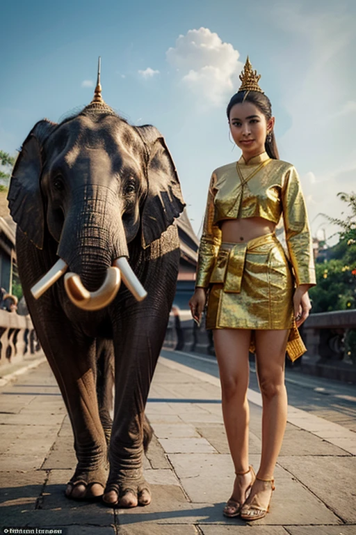 Two giants in Thai art from the Rattanakosin era with full body and beautiful shoes matching the outfit standing on the left and right of a 3D map of Thailand in the center with a wide angle view of the world and Thailand 3D map highlighted and colored with the Thai flag and engraved with the 3D letters 'thailand' and add another 3D letters 'thailand' and the word 'thailand' in the picture and add a grand and magnificent Thai cultural atmosphere and add the Rama 8 bridge and add two elephants decorated with beautiful jewels