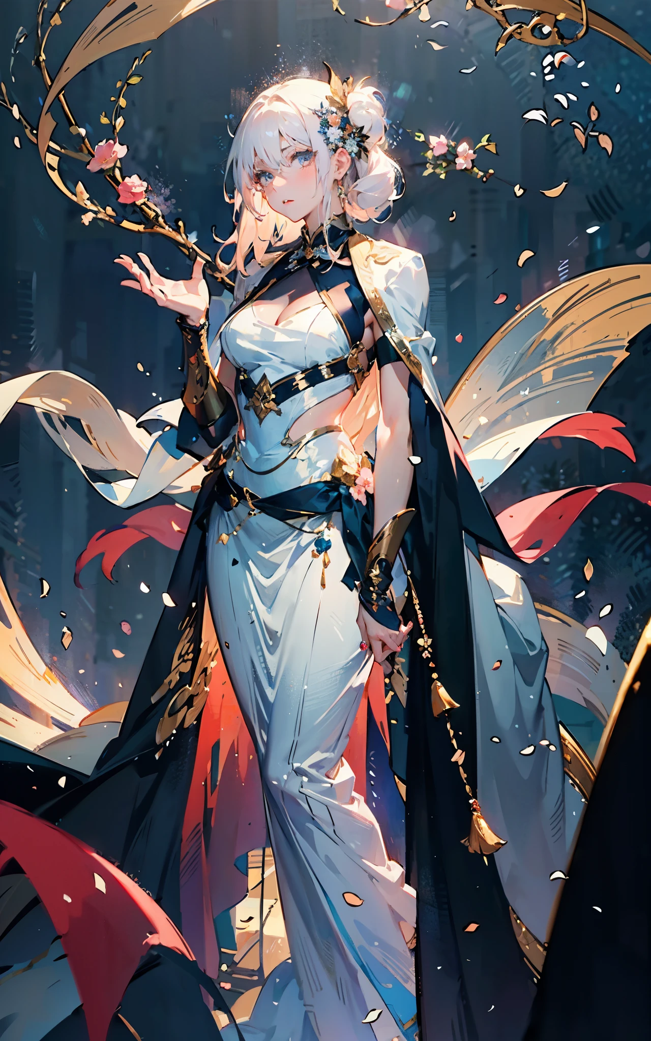 a beautiful young woman, a peerless beauty, goddess, perfect body, perfect nose, perfect mouth, perfect eyes, Perfect skin, the most beautiful woman in the world, dual-toned medium-length hair, a floral hairpin, a graceful visage, bright eyes, flawless skin, exudes an elegant temperament, a refined two-piece set of silk clothing, a light pink shawl, a pale silk belt, An ethereal and flowing long skirt, a dreamy and ethereal atmosphere, this character embodies a finely crafted fantasy-style traditional Chinese beauty in anime style, exquisite and mature manga art style, high definition, best quality, highres, ultra-detailed, ultra-fine painting, extremely delicate, professional, anatomically correct, symmetrical face, extremely detailed eyes and face, high quality eyes, creativity, RAW photo, UHD, 8k, Natural light, cinematic lighting, masterpiece-anatomy-perfect, masterpiece:1.5