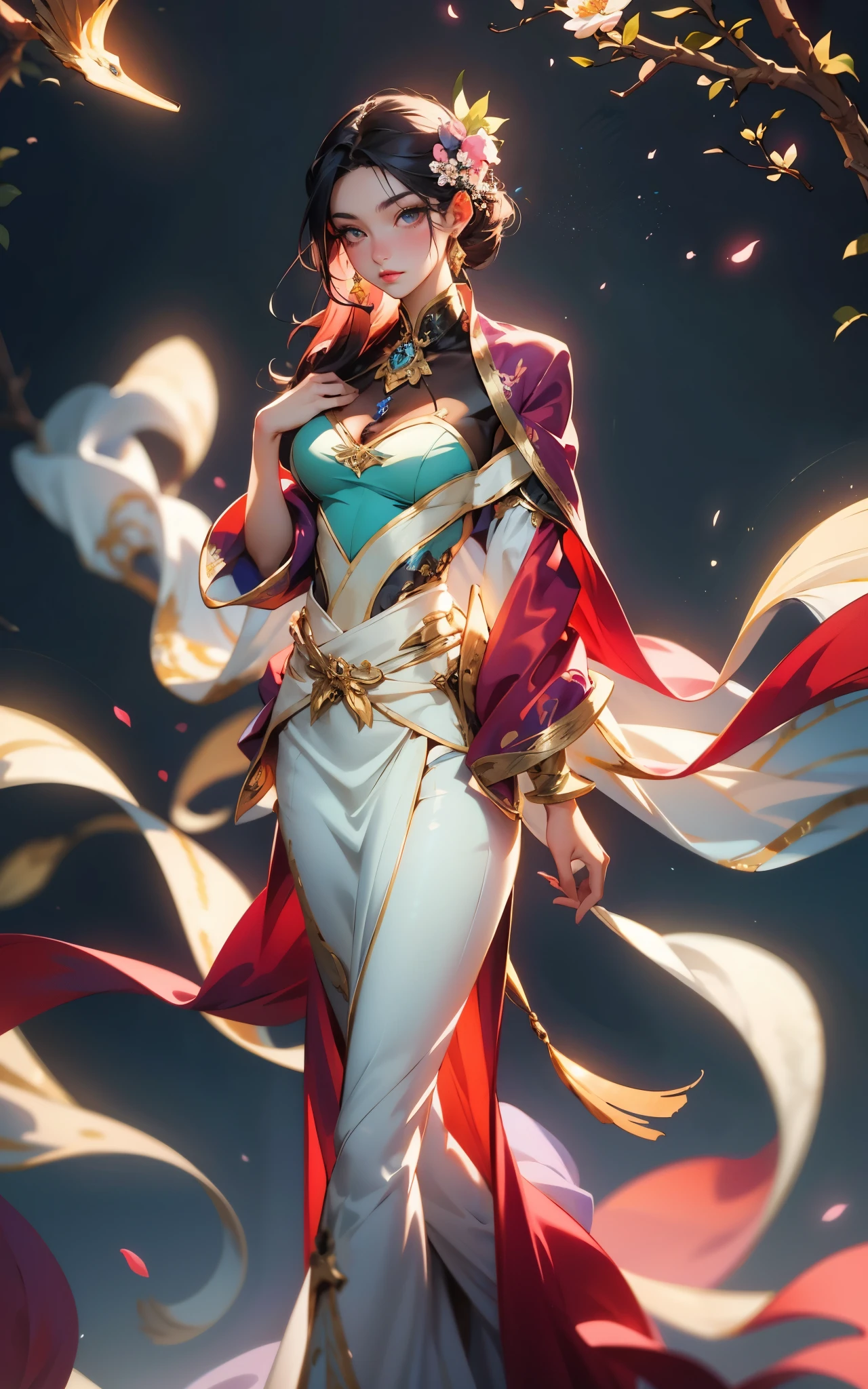 a beautiful young woman, a peerless beauty, goddess, perfect body, perfect nose, perfect mouth, perfect eyes, Perfect skin, the most beautiful woman in the world, dual-toned medium-length hair, a floral hairpin, a graceful visage, bright eyes, flawless skin, exudes an elegant temperament, a refined two-piece set of silk clothing, a light pink shawl, a pale silk belt, An ethereal and flowing long skirt, a dreamy and ethereal atmosphere, this character embodies a finely crafted fantasy-style traditional Chinese beauty in anime style, exquisite and mature manga art style, high definition, best quality, highres, ultra-detailed, ultra-fine painting, extremely delicate, professional, anatomically correct, symmetrical face, extremely detailed eyes and face, high quality eyes, creativity, RAW photo, UHD, 8k, Natural light, cinematic lighting, masterpiece-anatomy-perfect, masterpiece:1.5