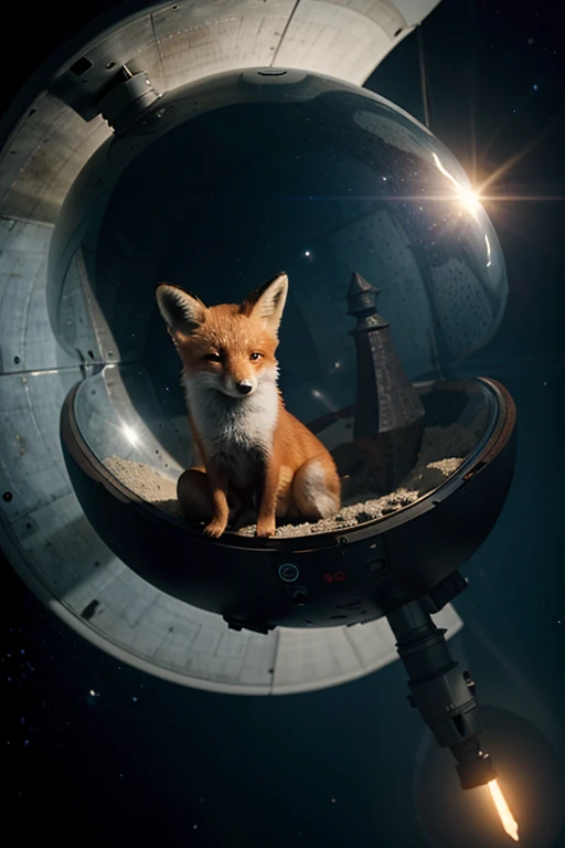 In the vast space, there is a little fox sitting on a spaceship