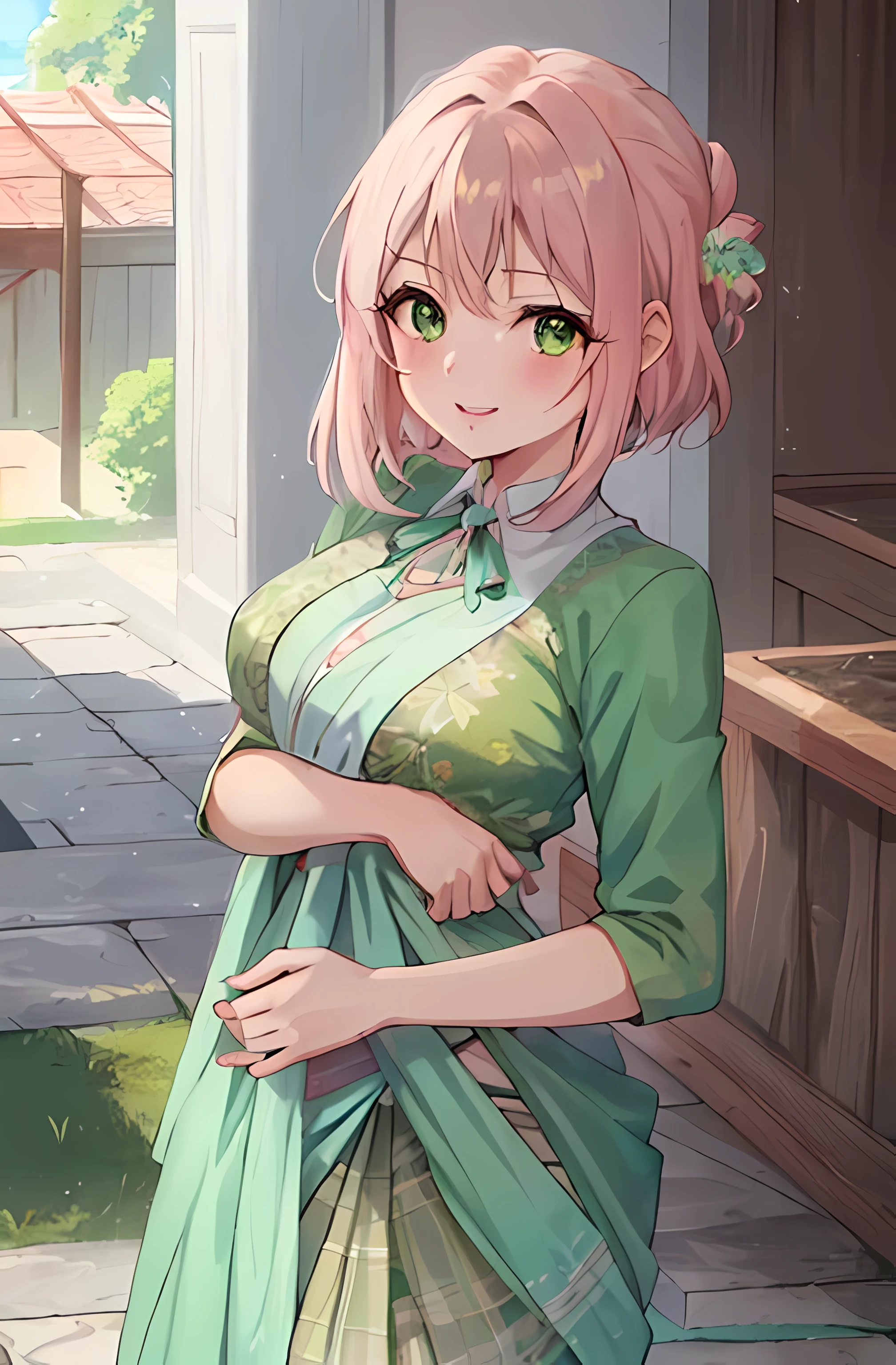 anime girl with pink hair and green eyes in a green and yellow dress, cute anime waifu in a nice dress, anime visual of a cute girl, anya from spy x family, in dress, shirabii, haruno sakura, anime moe artstyle, hanayamata, official art, seductive anime girl, illustrious makinami