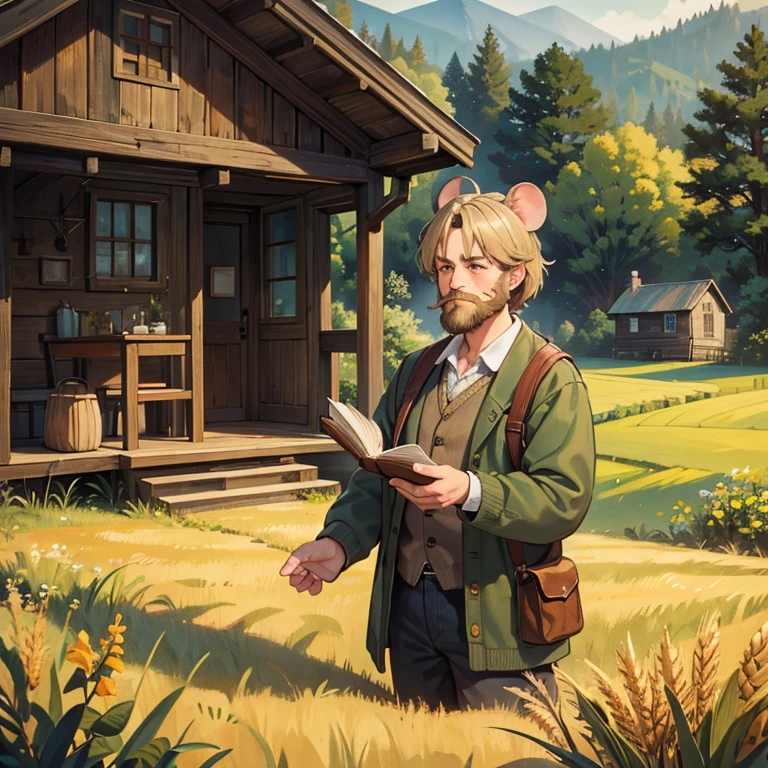 best quality,highres,masterpiece:1.2,ultra-detailed,realistic:1.37,a man and a mouse in a rustic countryside,classic painting,soft lighting,rich colors,haystack,mossy rocks,golden wheat field,green meadow,timid mouse,long beard,aged face,weathered hands,wise eyes,gentle smile,nostalgic atmosphere,old wooden cabin,peaceful surroundings,harmonious connection,storybook-inspired,nostalgia.