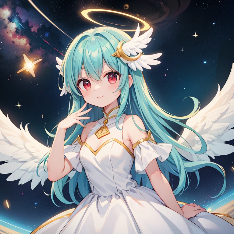 woman, teal hair, red eyes, smile, angel wings, Golden halo, white dress, upright, in outer space, Milky Way in the background, distant star, Upper body