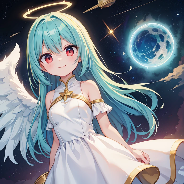 woman, teal hair, red eyes, smile, angel wings, Golden halo, white dress, upright, in outer space, Milky Way in the background, distant star, Upper body