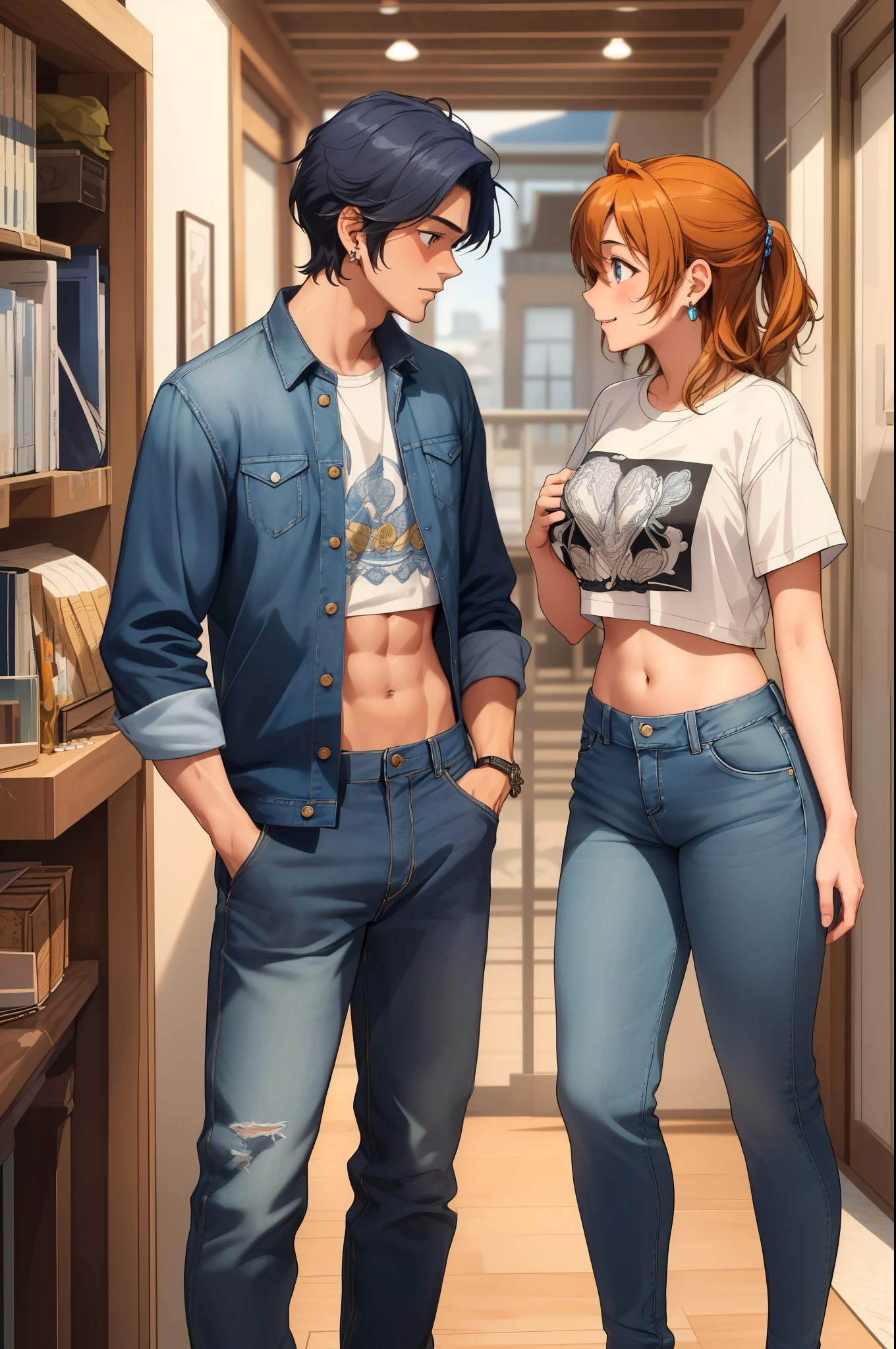 (Masterpiece, Best Quality, High Quality), professional artwork, well drawn, Intricate Details,(((a handsome boy and a girl looking at each other))),Kousaka honoka, room, ultra detail hair, ultra detail face, perfect eyes, earring, blushing, embarrassed, t-shirt, midriff, denim pants