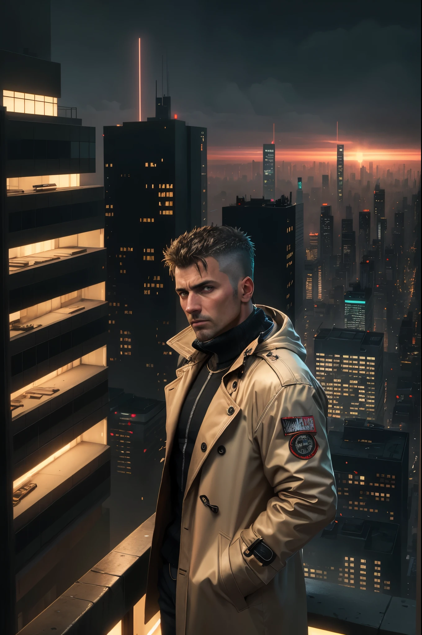 A man, 45 years old, brown eyes, black hair, shaved on the sides, combed back, unshaven, wearing a dark trench coat with the collars turned up. Hands in his pockets, He is leaning against the parapet of a building, He is on top of a building watching the skyline at night of the cyberpunk city below in the background. Background futuristic cyberpunk make it realistic, Blade Runner, 8k, ultra hd