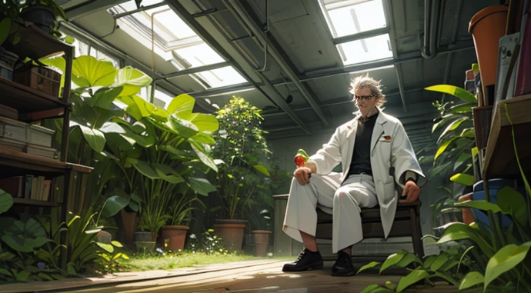 scientist,male,white clothes,Plants grow from the body,legs are like trees,partially fused with wood,bad guy,limbs are plants,erosion,mad scientist,Research room