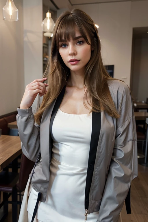 Woman, perfect face, make-up, long hair with bangs in blond, colored lips, fashionable dress with bolero jacket, dark grey, plain standing sideways, real (3/4 body), in a restaurant