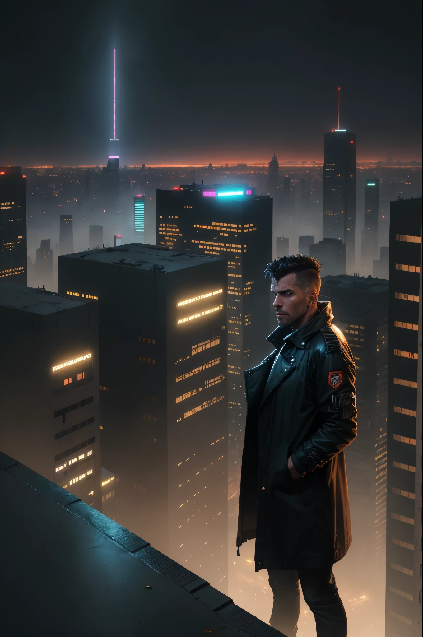 A man, 45 years old, brown eyes, black hair, shaved on the sides, combed back, unshaven, wearing a dark trench coat with the collars turned up. Hands in his pockets, He is leaning against the parapet of a building, He is on top of a building watching the skyline at night of the cyberpunk city below in the background. Background futuristic cyberpunk make it realistic, Blade Runner, 8k, ultra hd