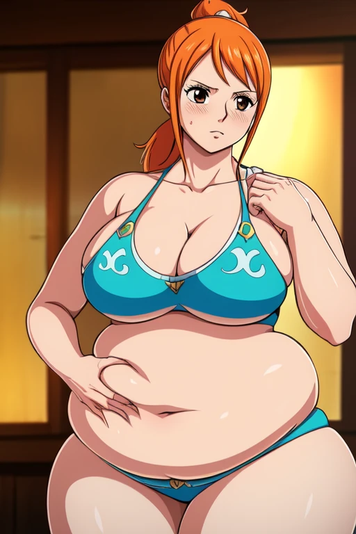 Nami from One Piece, long orange ponytail hair, beautiful brown eyes, blushing cheeks, (( massive plump belly)), thick plump thighs, The art style should resemble a captivating anime style.
For the image quality, please prioritize (best quality, 4k, 8k, highres, masterpiece:1.2), ultra-detailed, and (realistic, photorealistic, photo-realistic:1.37) rendering. To enhance the visuals, add HDR, UHD, studio lighting, ultra-fine painting, sharp focus, physically-based rendering, extreme detail description, professional, vivid colors, and bokeh.