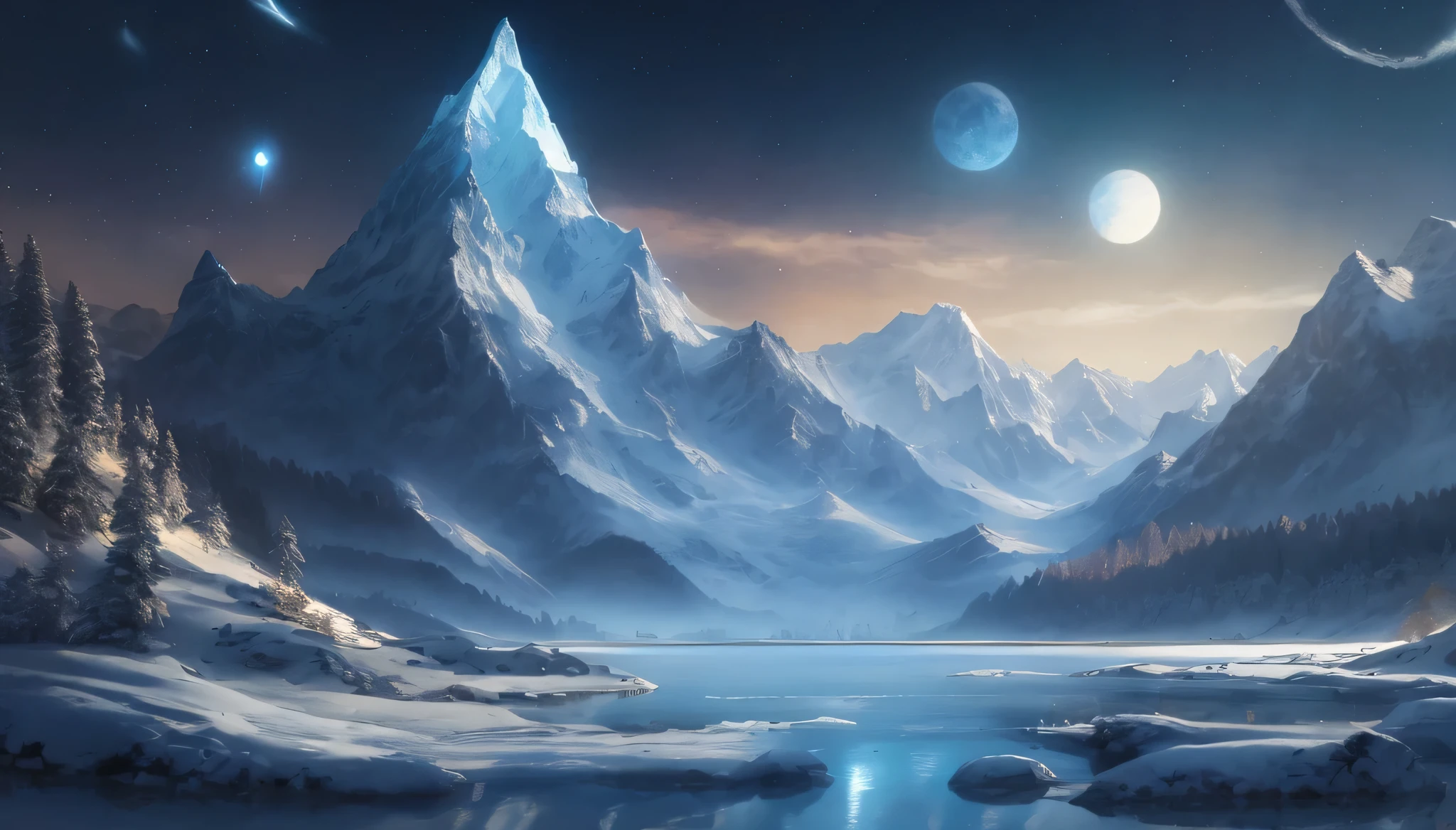 {{{masterpiece}}}、{{best quality、An ultra-fine illustrations、Beautiful and delicate ice}}、{very delicate light}、{Nature、}、{{Fine lighting、more transparent stars、Quality snowflakes、Quality mountains、very fine 8KCG wallpaper}}、（Snow）、（（snow mountain））、sunrise、randomly distributed clouds、（snowfield）、cliff、（Spinning starry sky）、（（Snow in mountain stream）），glowing particles，very little water，Low angle viewing angle
