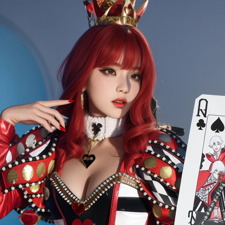 arafed woman in a costume holding a playing card and wearing a crown, queen of hearts, the queen of hearts, a beautiful fantasy empress, the red queen, as a super villain, lovely queen, redhead queen in heavy red armor, captured on canon eos r 6, female magician, queen chess piece photo portrait, poker card style, minnie, gidle, minnie from gidle , kpop girl face, gidle Minnie, min.chica