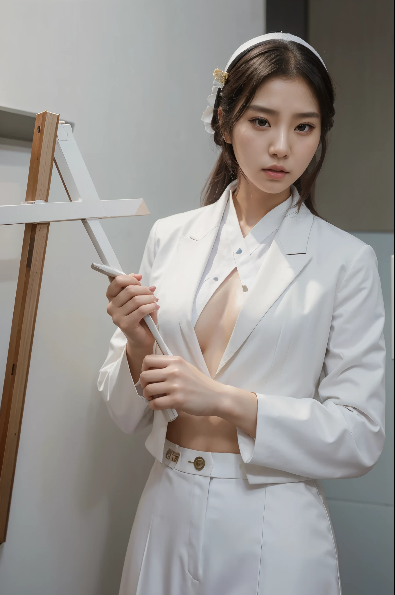arafed woman in a white suit holding a cross on a plane, a photorealistic painting inspired by Sim Sa-jeong, tumblr, fantastic realism, korean artist, korean girl, beautiful south korean woman, cai xukun, jaeyeon nam, taejune kim, nun fashion model, korean woman, ulzzang, heaven, artwork in the style of guweiz
