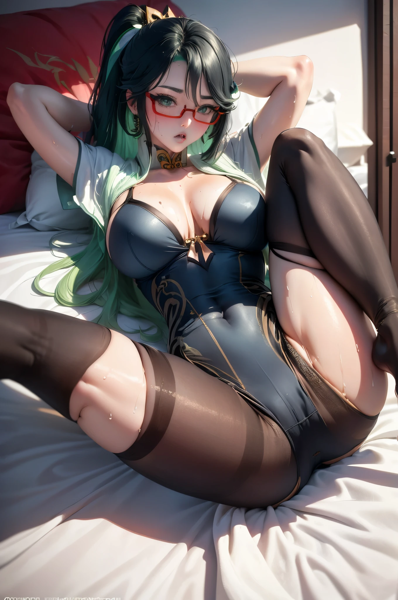 UHD, ccurate, masterpiece, anatomically correct, textured skin, super detail, best quality, 16k, 1080P,SOLO,(1 Female,perfect body, green hair,ponytail, long hairred eyewear),(wearing A loose cheongsam bikini)(Silk Stockings:1.4),(Spreading her legs as wide as possible:1.9)(Legs lift),(Lying flat on the bed:1.7)(The Chinese Classic Bedroom),(sweating skin:1.7),(hands behind her head:1.7)
