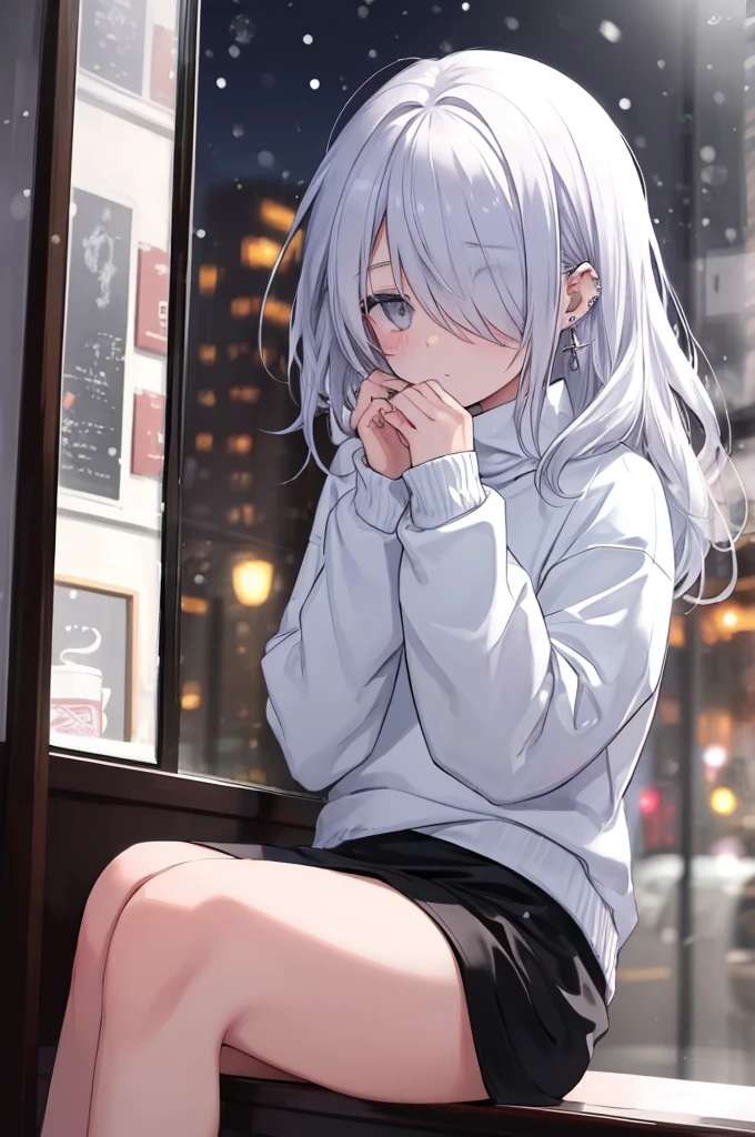 ((masterpiece:1.4, best quality:1.2)), 1girl, solo focus, beautiful skin, blush, white sweatshirt, long white hair, grey eyes, sitting, earrings, Hands on face, piercing, coffee shop window, night, snowing, cityscape, tall female, beautiful and delicate female, comfy ambience, {correct posing}, {detailed background}, I'm not wearing panties, hair over one eye, shy, Not wearing underwear, sexy