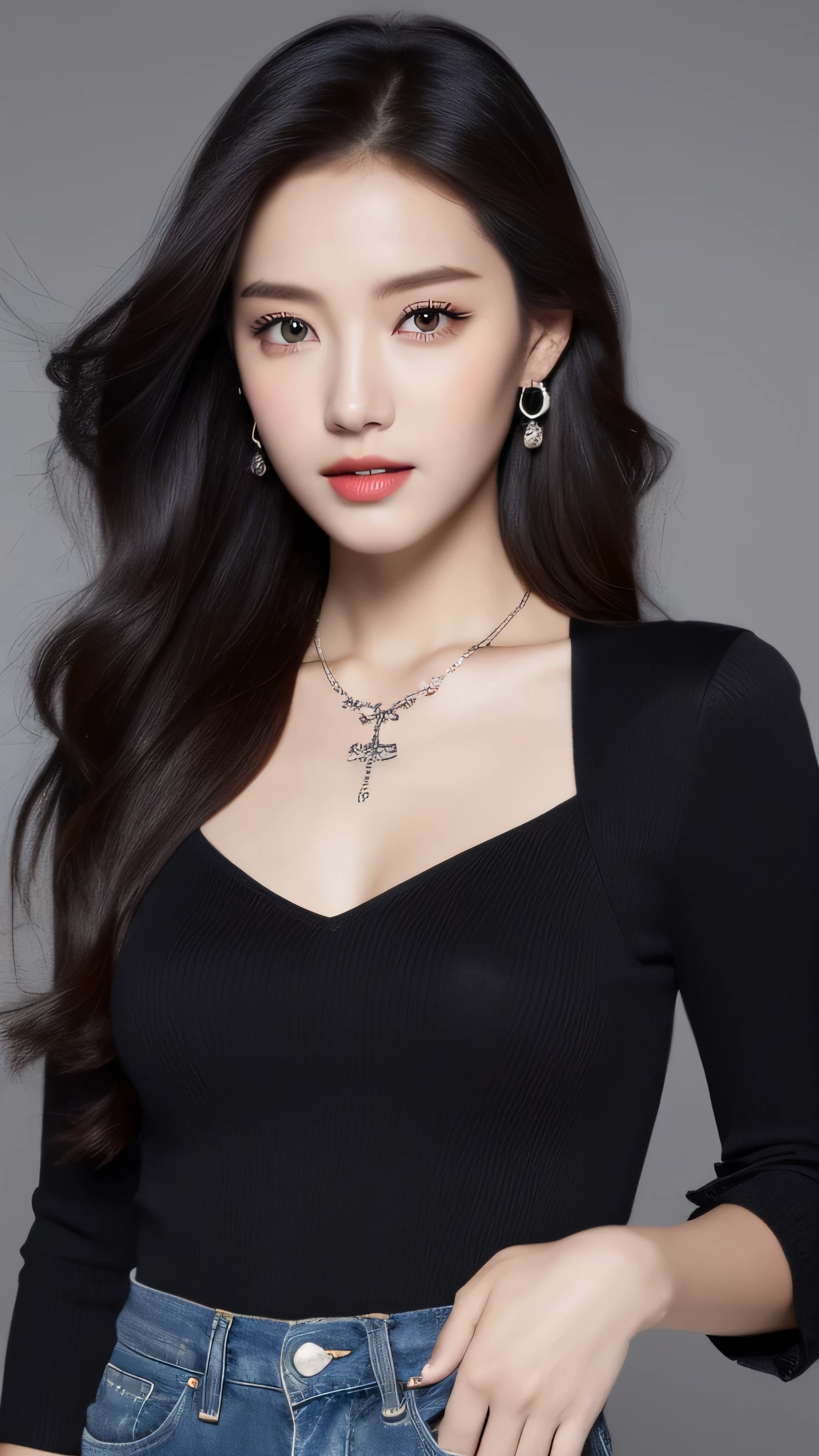 （lifelike， high - resolution：1.3）， 1 girl with a perfect body， Super fine face and eyes，slong hair，black dress ：1.2， short jeans， perfect boob, necklace, earring