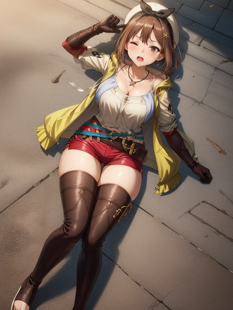 (Lying on the roadside:1.2)), ((From above)), riser, 1 girl, ((rape face)), ((open your eyes wide:1.2)), ((Killed)), alone, shorts, gloves, belt bag, have, head ribbon, jewelry, 赤いshorts, brown hair, thighs thighs thighs, short shorts, bridal legwear, necklace, brown eyes, single glove, hair ornaments, Barrette, star necklace, toeless footwear, leather, star (symbol), white hat, Brown gloves, Knee-high boots, short hair, thighs thighs thighs, leather Belt, brown belt, leather gloves, Jacket, blue belt, thigh boots, ノースリーブJacket, thigh pouch, white thighs, clavicle, 黄色のJacket, brown shoes, cleavage, huge breasts, big breasts,